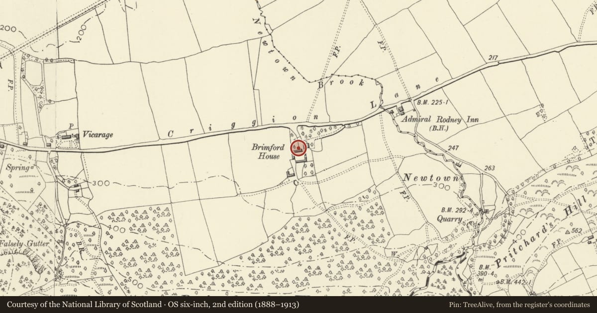 Ordnance Survey six-inch map, 2nd edition (1888–1913) covering the location of Brimford House, Bausley with Criggion, Powys, with a pin at the register's coordinates