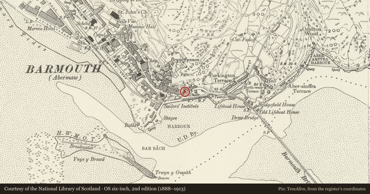 Ordnance Survey six-inch map, 2nd edition (1888–1913) covering the location of Graig Fach, Barmouth, Gwynedd, with a pin at the register's coordinates