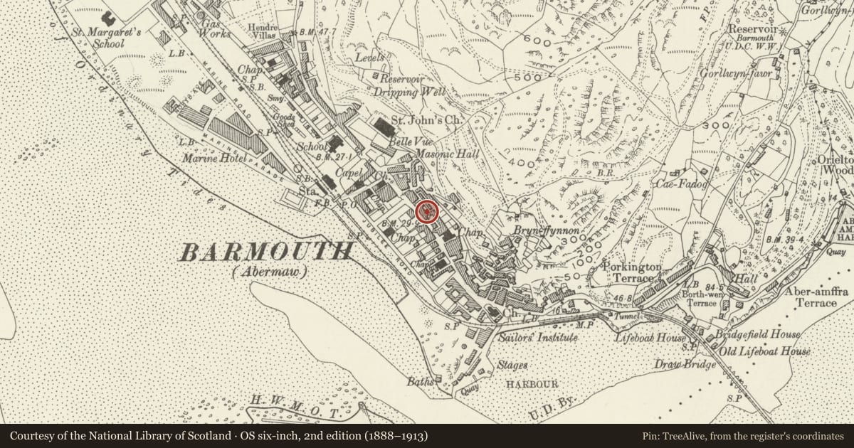 Ordnance Survey six-inch map, 2nd edition (1888–1913) covering the location of Midland Bank, Barmouth, Gwynedd, with a pin at the register's coordinates