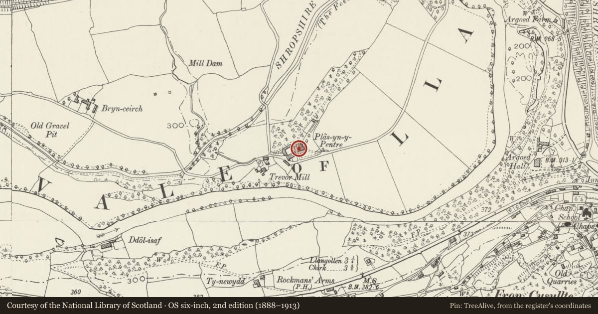 Ordnance Survey six-inch map, 2nd edition (1888–1913) covering the location of Plas yn y pentre, Llangollen, Denbighshire, with a pin at the register's coordinates