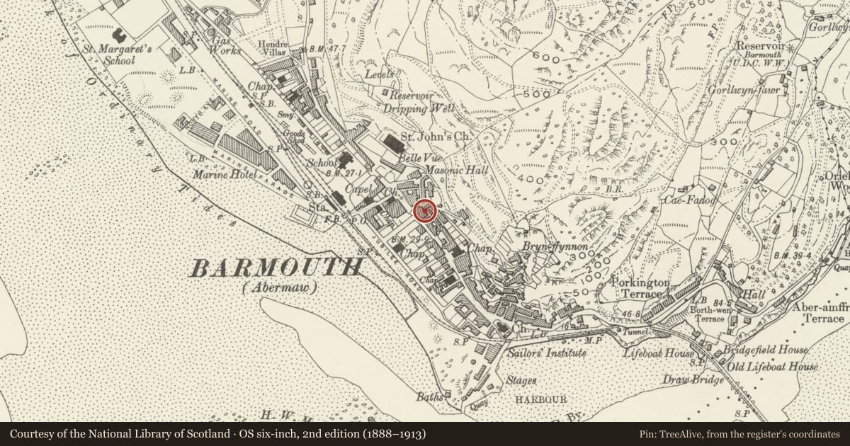 Ordnance Survey six-inch map, 2nd edition (1888–1913) covering the location of The Cors-y-Gedol Hotel, Barmouth, Gwynedd, with a pin at the register's coordinates