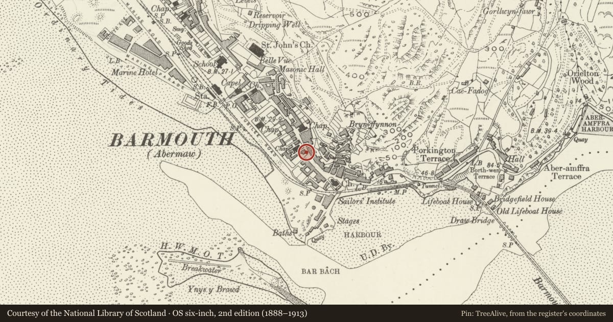 Ordnance Survey six-inch map, 2nd edition (1888–1913) covering the location of Aber House, Barmouth, Gwynedd, with a pin at the register's coordinates