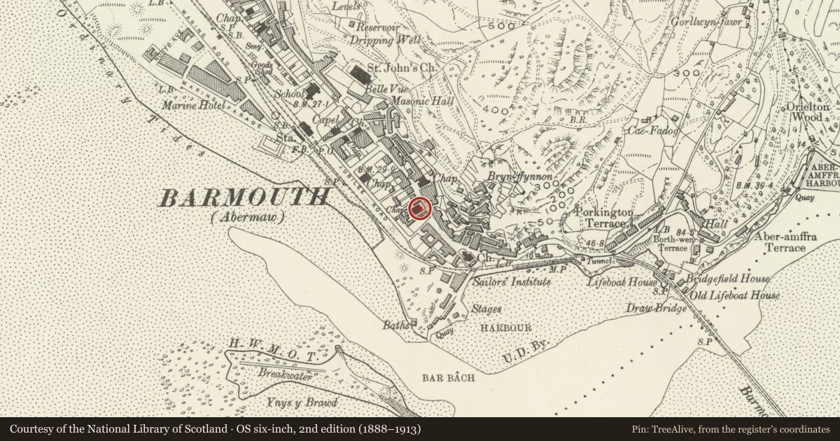 Ordnance Survey six-inch map, 2nd edition (1888–1913) covering the location of Discount World (Formerly Caersalem Chapel), Barmouth, Gwynedd, with a pin at the register's coordinates