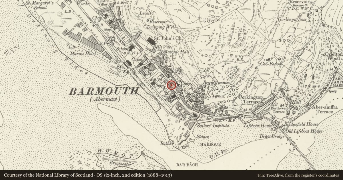 Ordnance Survey six-inch map, 2nd edition (1888–1913) covering the location of Morris & Co., General Cambrain Establishment (former Drapers Shop), Barmouth, Gwynedd, with a pin at the register's coordinates