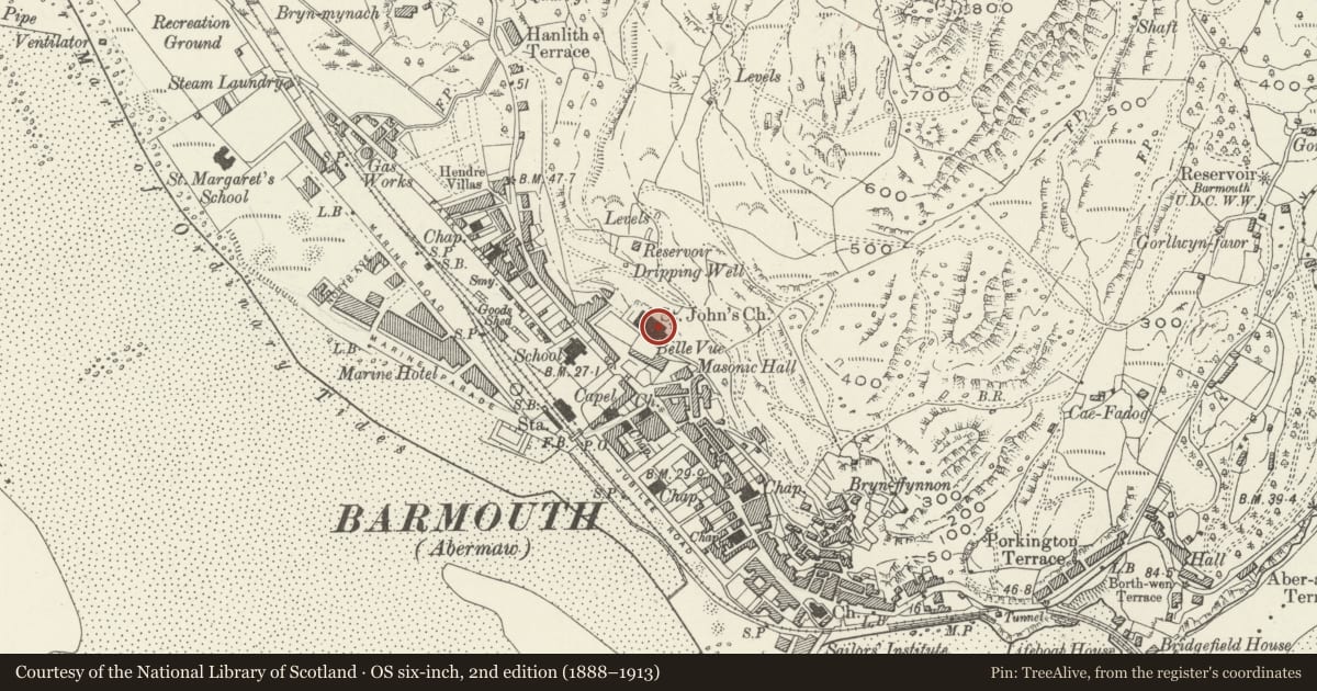 Ordnance Survey six-inch map, 2nd edition (1888–1913) covering the location of St John's Church, Barmouth, Gwynedd, with a pin at the register's coordinates