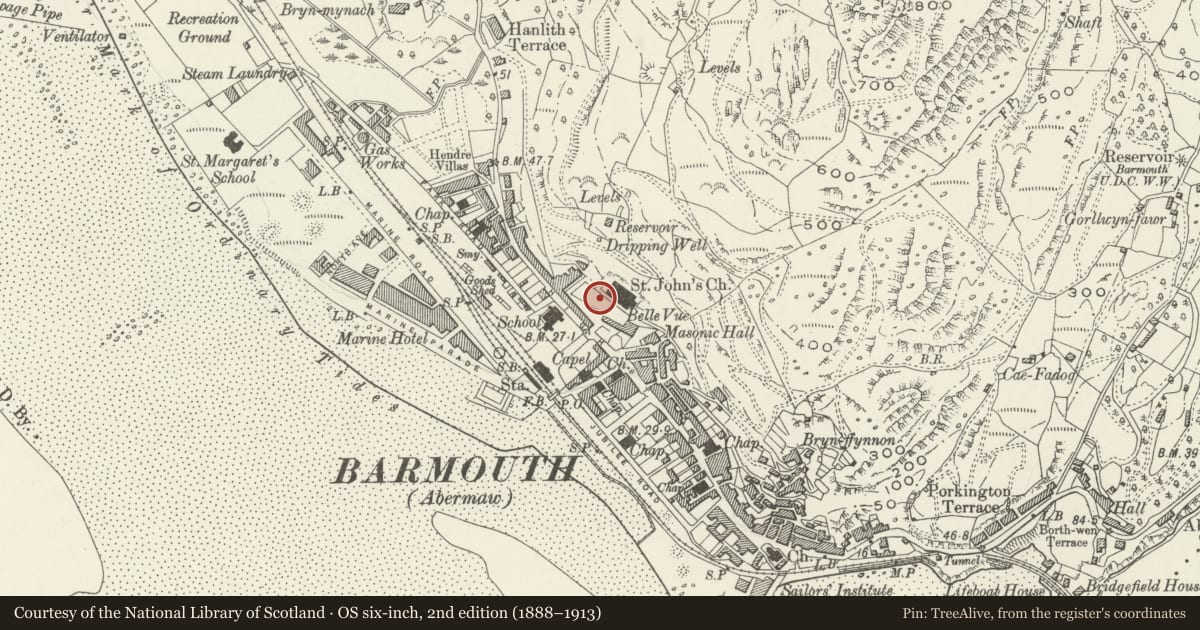 Ordnance Survey six-inch map, 2nd edition (1888–1913) covering the location of Church Hall, Barmouth, Gwynedd, with a pin at the register's coordinates