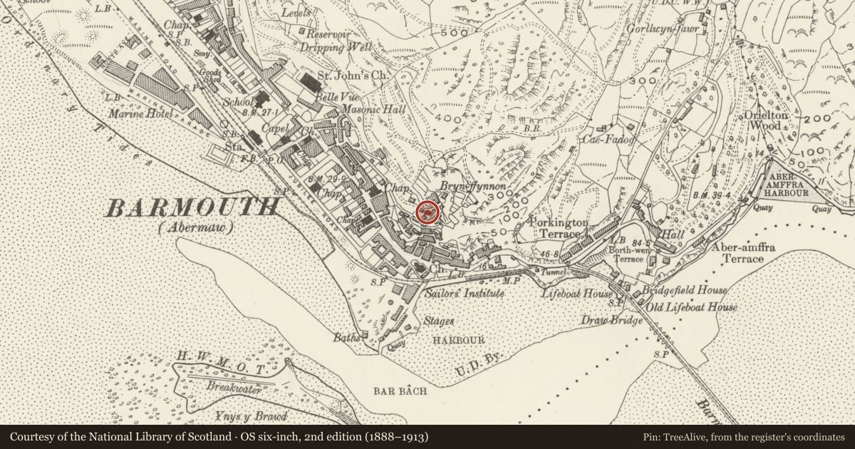 Ordnance Survey six-inch map, 2nd edition (1888–1913) covering the location of Caprera Cottage, Barmouth, Gwynedd, with a pin at the register's coordinates