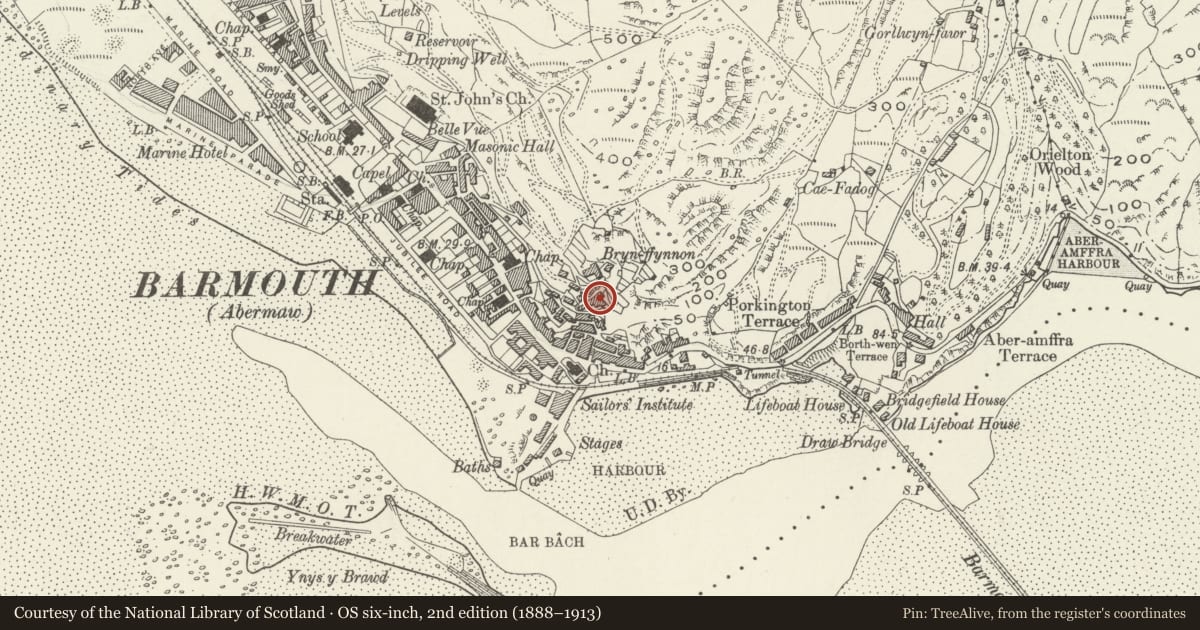 Ordnance Survey six-inch map, 2nd edition (1888–1913) covering the location of Pen-y-Gribin & Bwth-yn--Bryn) with rear attached outbuildg & Stone Steps adjoining to SW, Barmouth, Gwynedd, with a pin at the register's coordinates