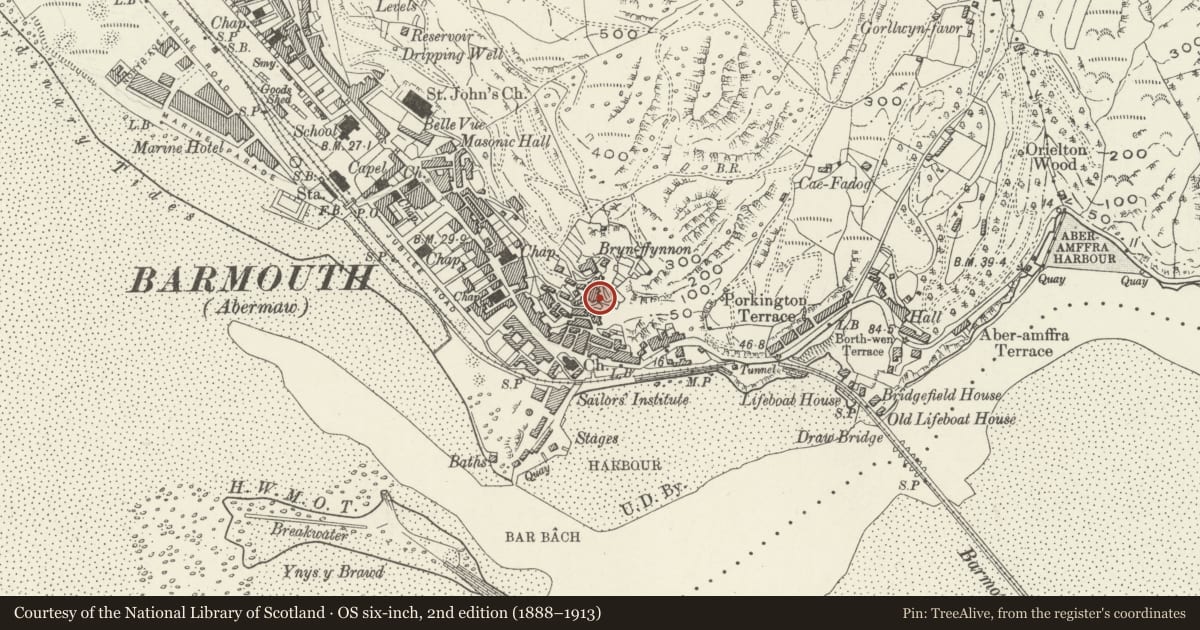 Ordnance Survey six-inch map, 2nd edition (1888–1913) covering the location of Domestic, Barmouth, Gwynedd, with a pin at the register's coordinates
