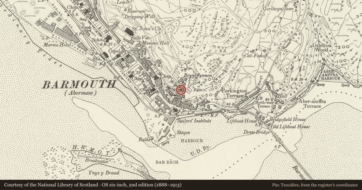 Ordnance Survey six-inch map, 2nd edition (1888–1913) covering the location of 3 & 4 St George's Terrace, Barmouth, Gwynedd, with a pin at the register's coordinates