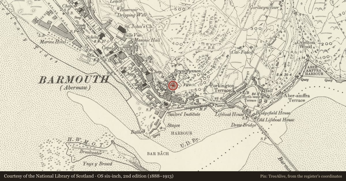 Ordnance Survey six-inch map, 2nd edition (1888–1913) covering the location of 5 St George's Terrace, Barmouth, Gwynedd, with a pin at the register's coordinates