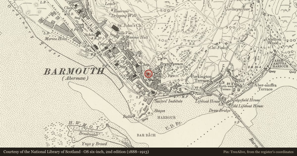 Ordnance Survey six-inch map, 2nd edition (1888–1913) covering the location of 8 St George's Terrace, Barmouth, Gwynedd, with a pin at the register's coordinates
