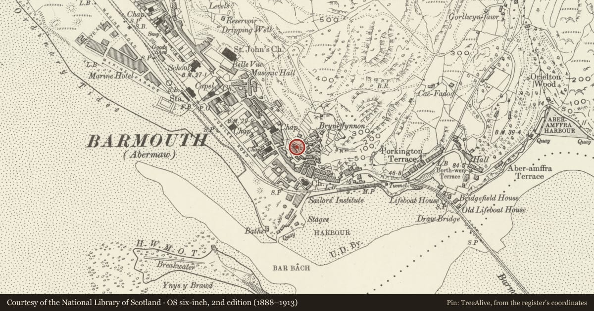 Ordnance Survey six-inch map, 2nd edition (1888–1913) covering the location of 9 St George's Terrace, Barmouth, Gwynedd, with a pin at the register's coordinates