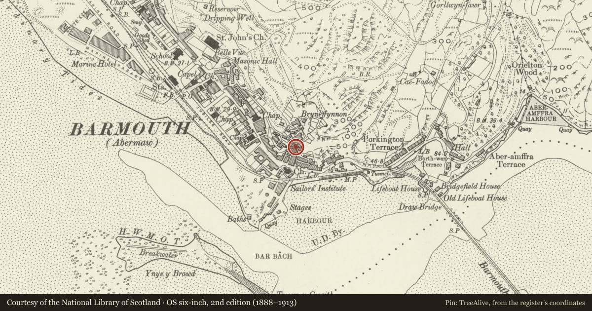 Ordnance Survey six-inch map, 2nd edition (1888–1913) covering the location of Pen-y-Graig Isa, Barmouth, Gwynedd, with a pin at the register's coordinates