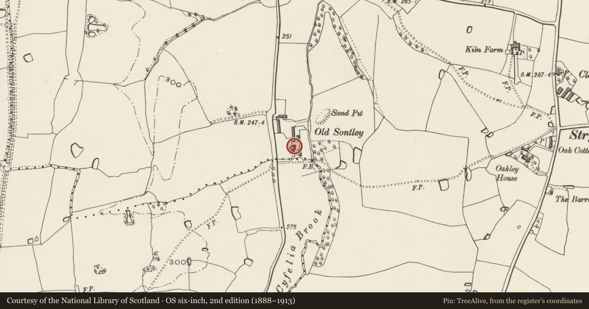 Ordnance Survey six-inch map, 2nd edition (1888–1913) covering the location of Old Sontley Hall, Marchwiel, Wrexham, with a pin at the register's coordinates