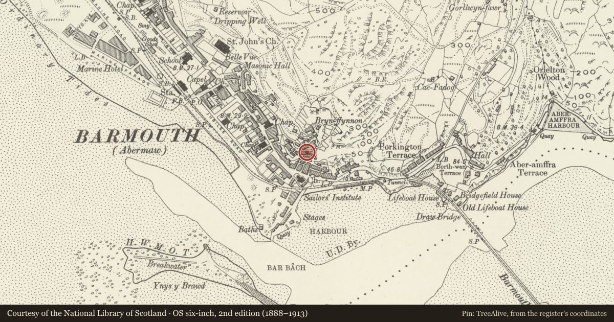 Ordnance Survey six-inch map, 2nd edition (1888–1913) covering the location of Gibraltar Cottage, Barmouth, Gwynedd, with a pin at the register's coordinates