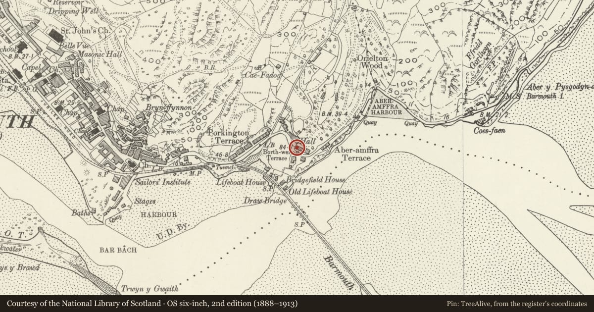 Ordnance Survey six-inch map, 2nd edition (1888–1913) covering the location of Achorage View, Barmouth, Gwynedd, with a pin at the register's coordinates