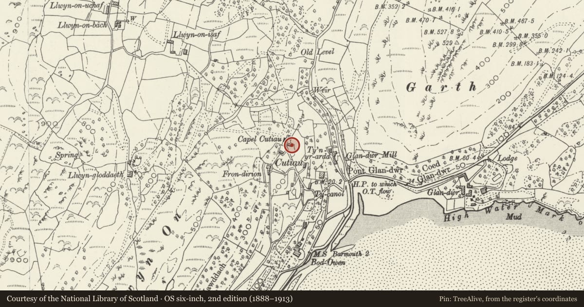 Ordnance Survey six-inch map, 2nd edition (1888–1913) covering the location of Former Methodist Chapel and graveyard walls with attached former Minister's Cottage, Barmouth, Gwynedd, with a pin at the register's coordinates
