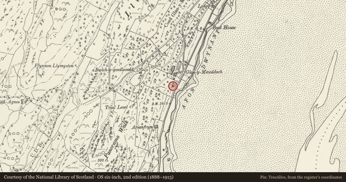 Ordnance Survey six-inch map, 2nd edition (1888–1913) covering the location of Former Coach House and Stables at Glan-y-Mawddach, Barmouth, Gwynedd, with a pin at the register's coordinates