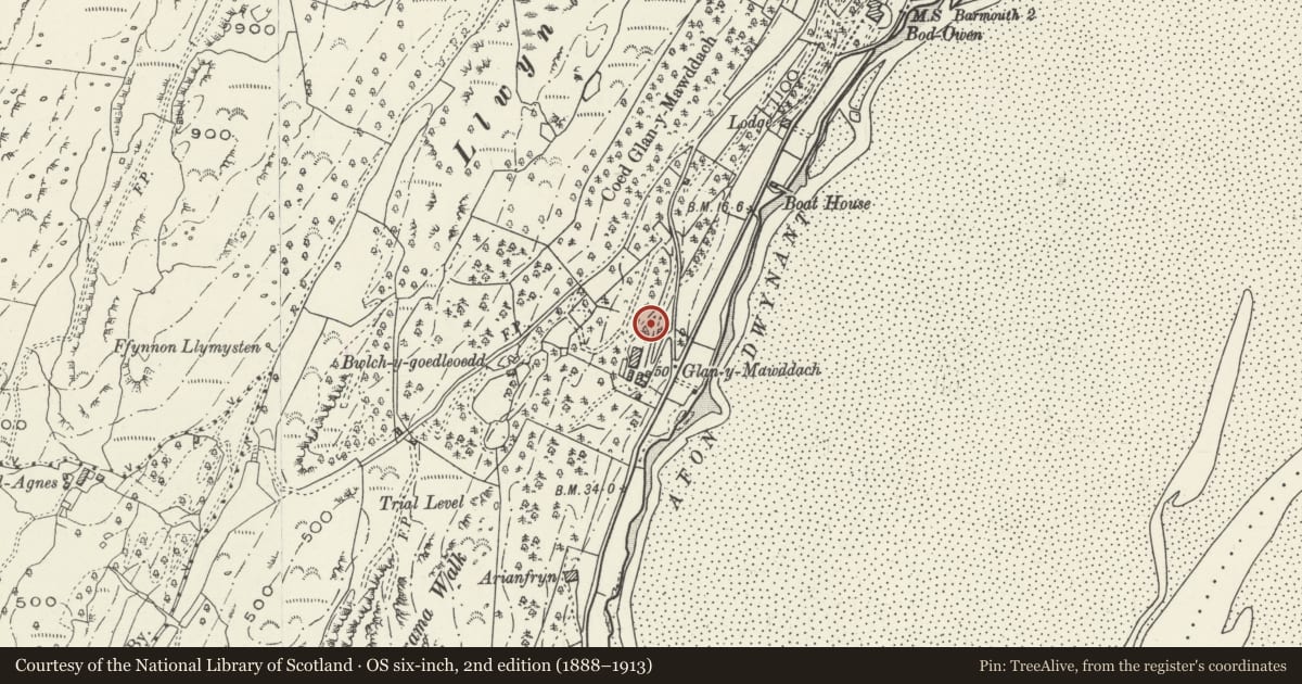 Ordnance Survey six-inch map, 2nd edition (1888–1913) covering the location of Decorative Garden Gates and Gate Piers at Glan-y-Mawddach, Barmouth, Gwynedd, with a pin at the register's coordinates