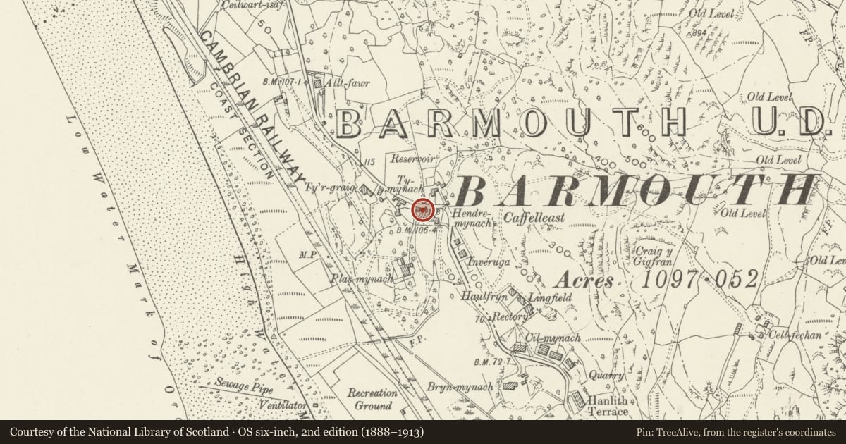 Ordnance Survey six-inch map, 2nd edition (1888–1913) covering the location of Plas Mynach Lodge, Barmouth, Gwynedd, with a pin at the register's coordinates