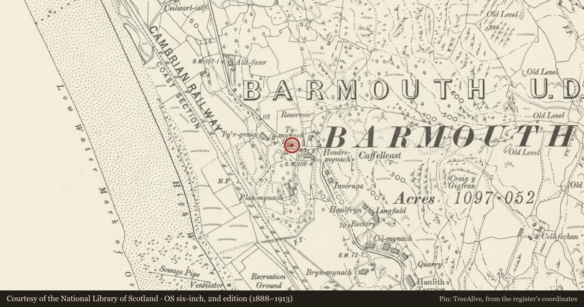 Ordnance Survey six-inch map, 2nd edition (1888–1913) covering the location of Porth Mynach, Barmouth, Gwynedd, with a pin at the register's coordinates