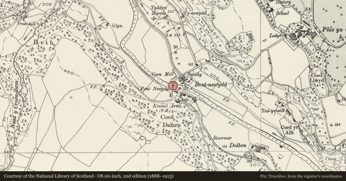 Ordnance Survey six-inch map, 2nd edition (1888–1913) covering the location of Bont Newydd (partly in Cefnmeiriadog community), Llannefydd, Conwy, with a pin at the register's coordinates