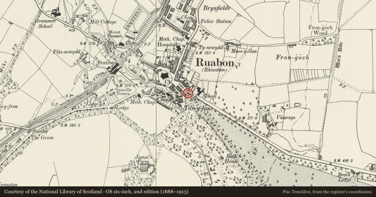 Ordnance Survey six-inch map, 2nd edition (1888–1913) covering the location of Ruabon Gates (also known as Wynnstay Gates and Archway), Wrexham, with a pin at the register's coordinates
