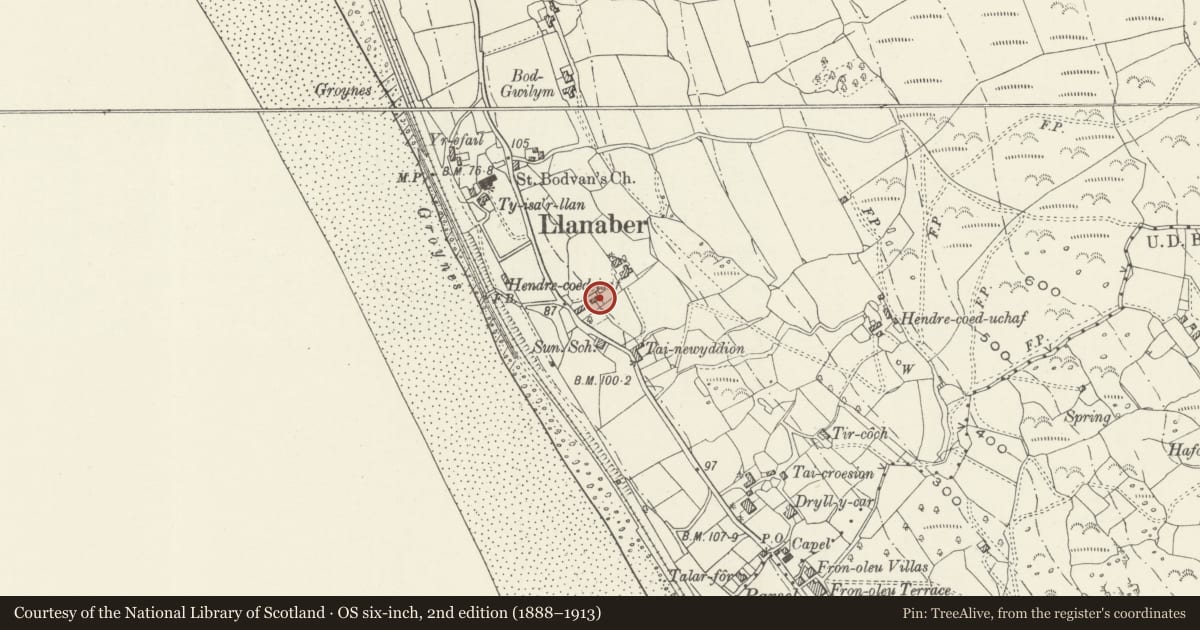 Ordnance Survey six-inch map, 2nd edition (1888–1913) covering the location of Barn at Hendre Coed Isaf, Barmouth, Gwynedd, with a pin at the register's coordinates
