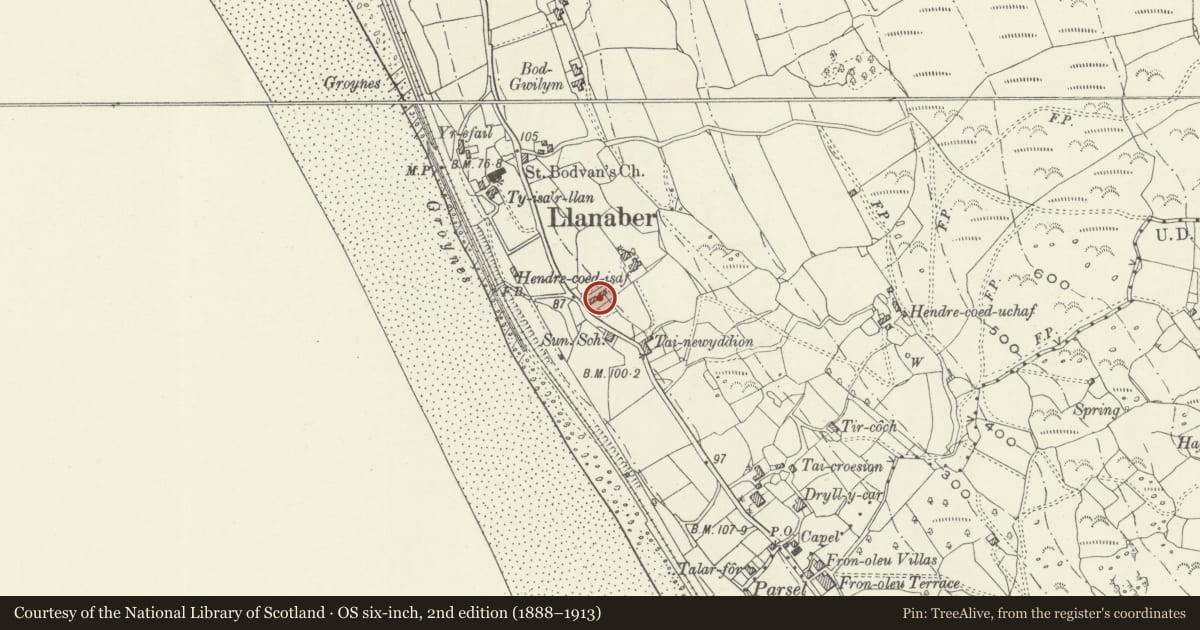 Ordnance Survey six-inch map, 2nd edition (1888–1913) covering the location of Former Domestic/Stable Block ar Hendre Coed Isaf, Barmouth, Gwynedd, with a pin at the register's coordinates