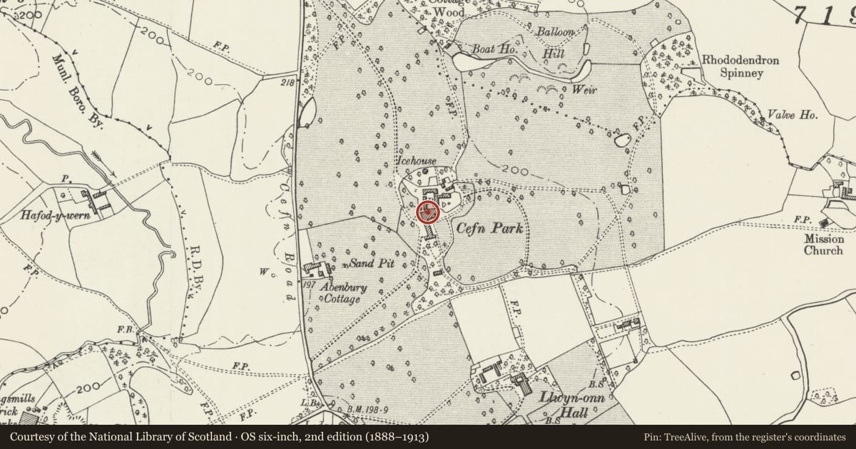 Ordnance Survey six-inch map, 2nd edition (1888–1913) covering the location of Cefn Park (including attached stableyard range to N), Abenbury, Wrexham, with a pin at the register's coordinates
