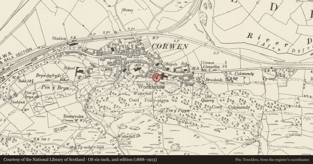 Ordnance Survey six-inch map, 2nd edition (1888–1913) covering the location of Former Laundry at Corwen Manor (Old Workhouse), Denbighshire, with a pin at the register's coordinates