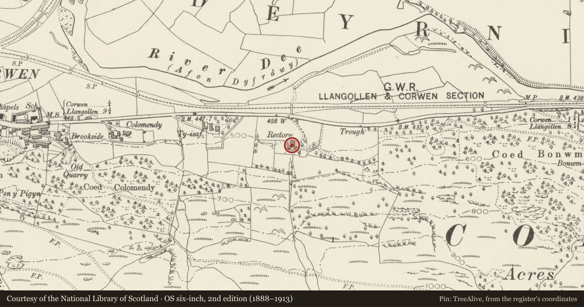 Ordnance Survey six-inch map, 2nd edition (1888–1913) covering the location of Plas Derwen, Corwen, Denbighshire, with a pin at the register's coordinates