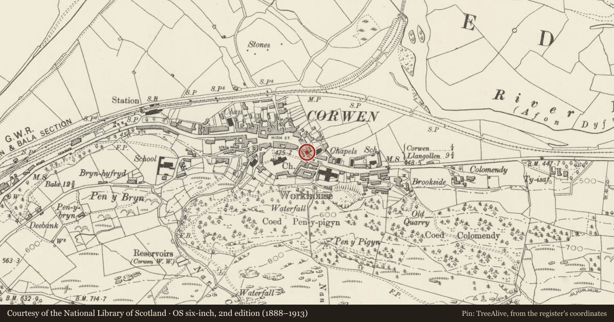 Ordnance Survey six-inch map, 2nd edition (1888–1913) covering the location of Corwen Court (Old Police Station and Courthouse), Denbighshire, with a pin at the register's coordinates
