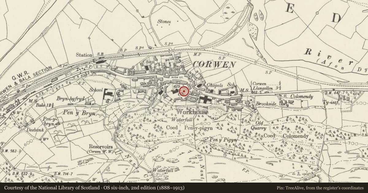 Ordnance Survey six-inch map, 2nd edition (1888–1913) covering the location of Churchyard Wall, Grave-stones, Chest-Tombs and Railings at Church of St Mael and St Sulien, Corwen, Denbighshire, with a pin at the register's coordinates
