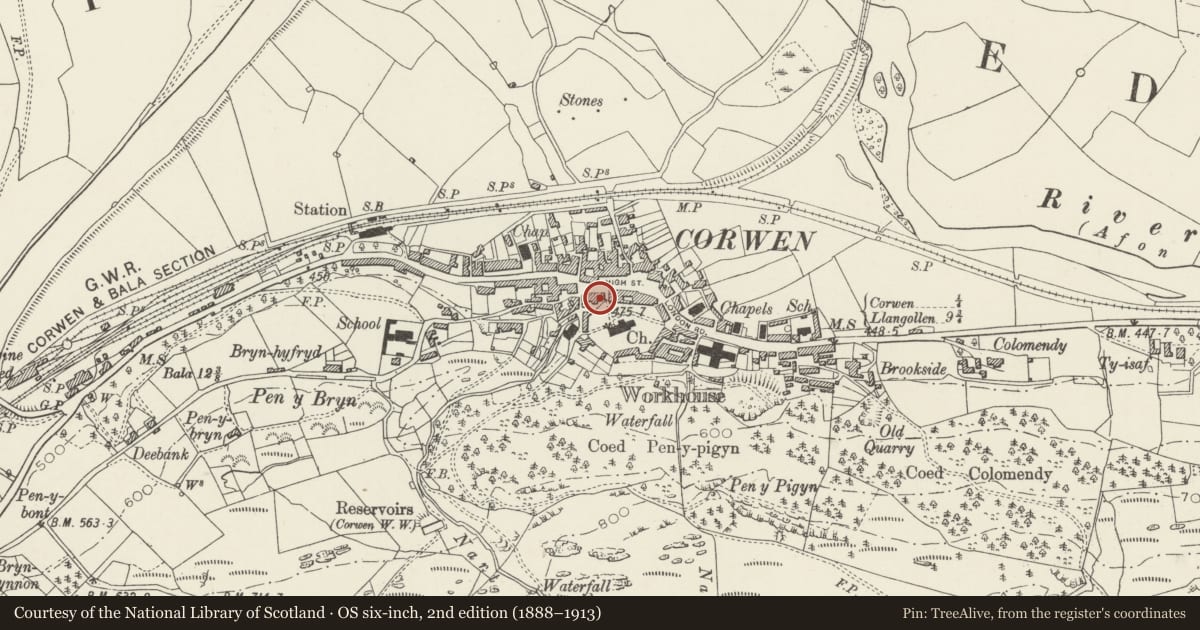 Ordnance Survey six-inch map, 2nd edition (1888–1913) covering the location of Waterloo House, Corwen, Denbighshire, with a pin at the register's coordinates