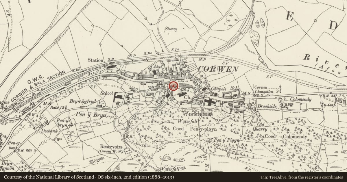 Ordnance Survey six-inch map, 2nd edition (1888–1913) covering the location of Attached Sorting Office, Corwen, Denbighshire, with a pin at the register's coordinates