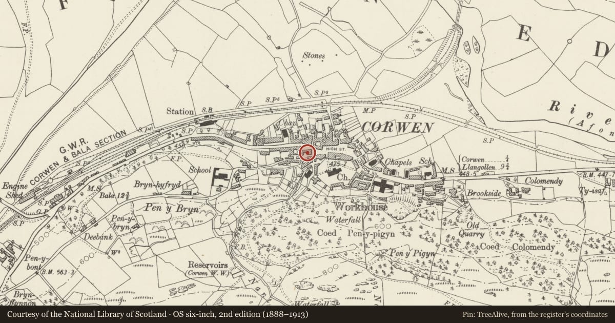 Ordnance Survey six-inch map, 2nd edition (1888–1913) covering the location of Midland Bank, Corwen, Denbighshire, with a pin at the register's coordinates