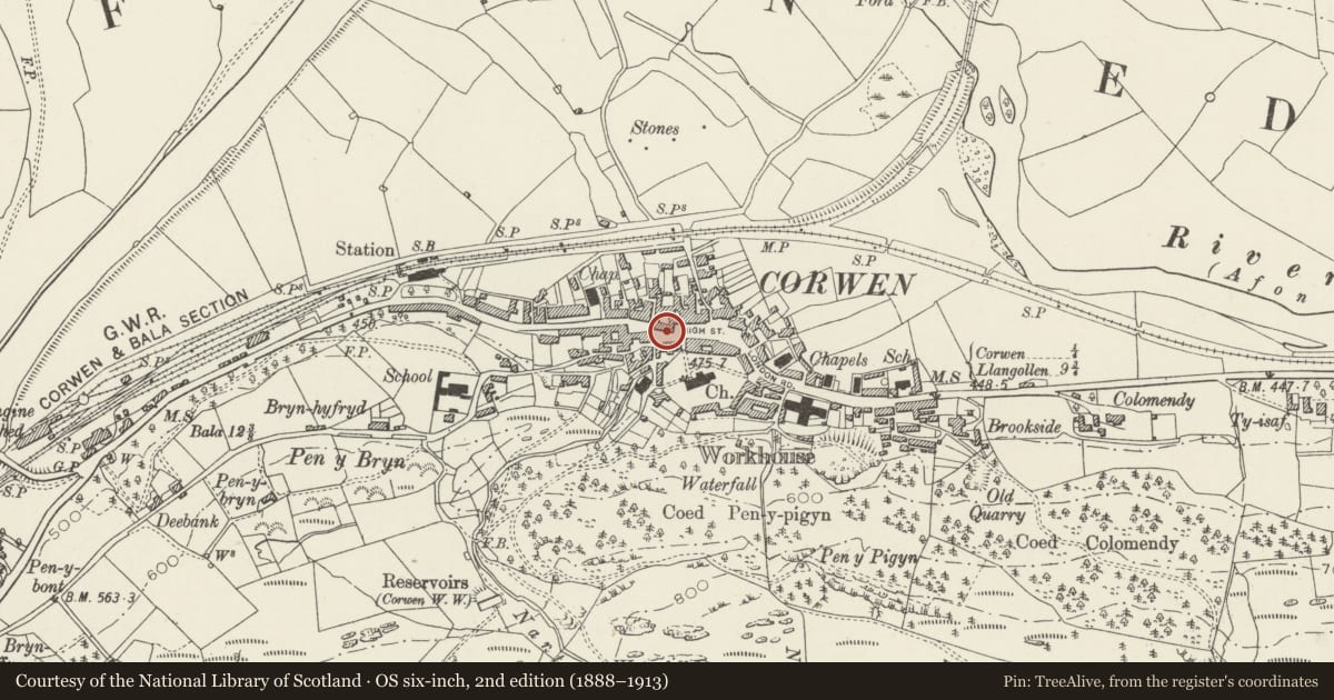 Ordnance Survey six-inch map, 2nd edition (1888–1913) covering the location of National Westminster Bank, Corwen, Denbighshire, with a pin at the register's coordinates