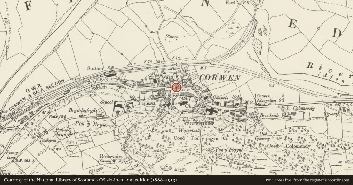 Ordnance Survey six-inch map, 2nd edition (1888–1913) covering the location of Harp Hotel, Corwen, Denbighshire, with a pin at the register's coordinates