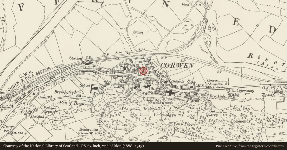 Ordnance Survey six-inch map, 2nd edition (1888–1913) covering the location of Central Hotel, Corwen, Denbighshire, with a pin at the register's coordinates