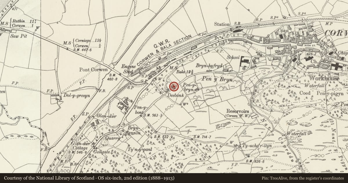 Ordnance Survey six-inch map, 2nd edition (1888–1913) covering the location of Dee Bank, Pen-y-Bryn, Corwen, Denbighshire, with a pin at the register's coordinates