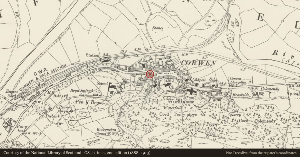 Ordnance Survey six-inch map, 2nd edition (1888–1913) covering the location of The Crown Public House, Corwen, Denbighshire, with a pin at the register's coordinates
