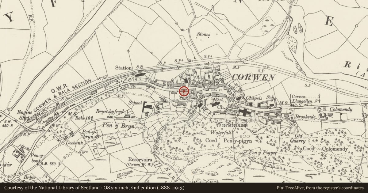 Ordnance Survey six-inch map, 2nd edition (1888–1913) covering the location of Commerce House, Corwen, Denbighshire, with a pin at the register's coordinates