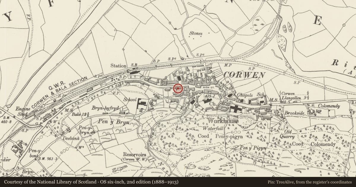 Ordnance Survey six-inch map, 2nd edition (1888–1913) covering the location of Commerce House, Corwen, Denbighshire, with a pin at the register's coordinates