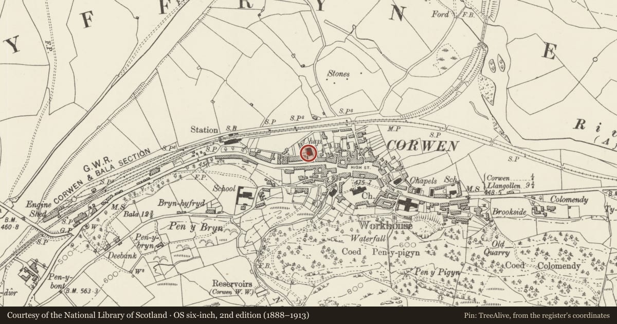 Ordnance Survey six-inch map, 2nd edition (1888–1913) covering the location of Capel Seion, Corwen, Denbighshire, with a pin at the register's coordinates