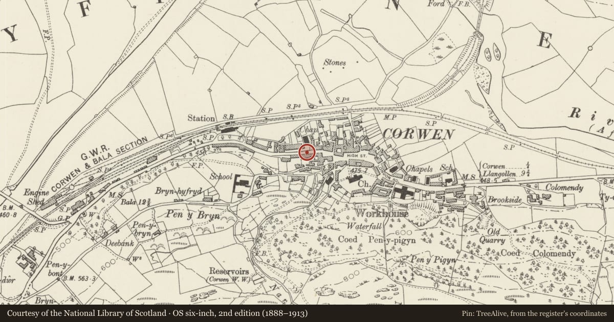Ordnance Survey six-inch map, 2nd edition (1888–1913) covering the location of Gates and Railings at Capel Seion, Corwen, Denbighshire, with a pin at the register's coordinates