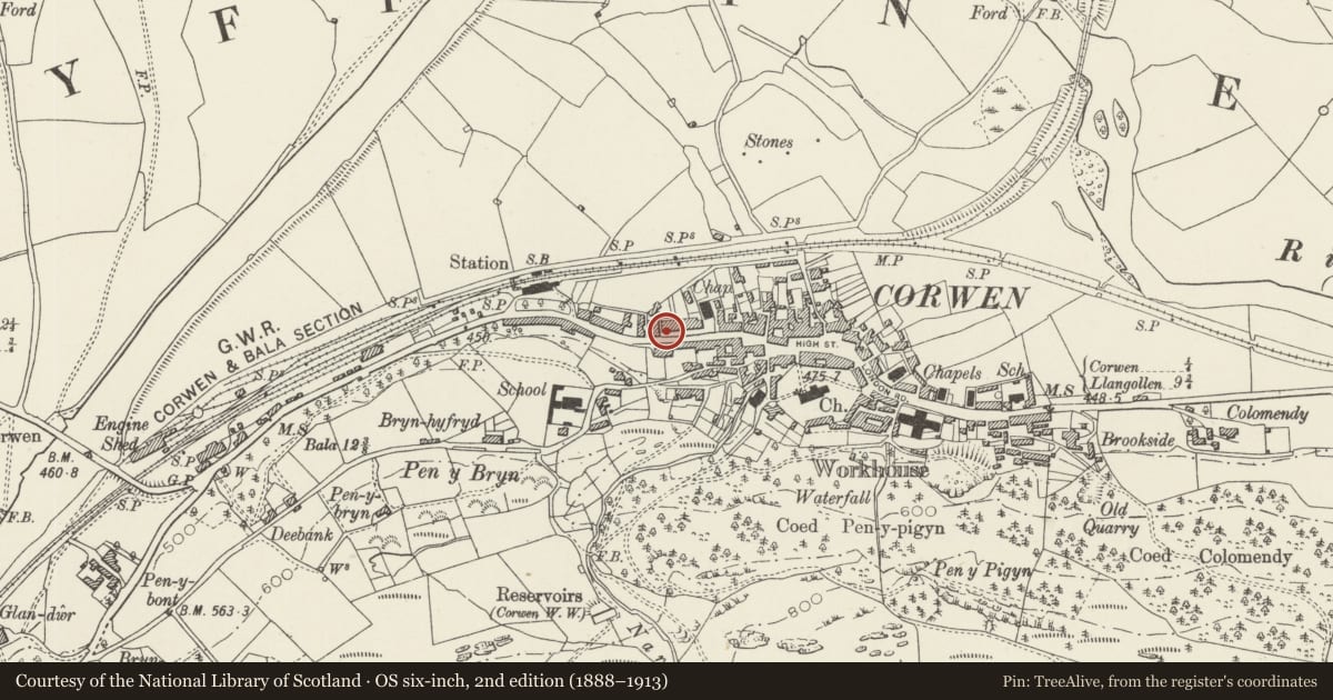 Ordnance Survey six-inch map, 2nd edition (1888–1913) covering the location of The Terrace, Corwen, Denbighshire, with a pin at the register's coordinates