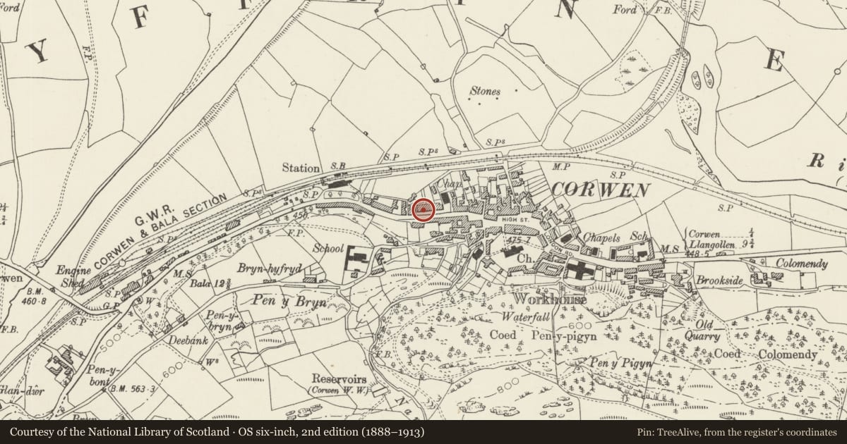 Ordnance Survey six-inch map, 2nd edition (1888–1913) covering the location of The Terrace, Corwen, Denbighshire, with a pin at the register's coordinates
