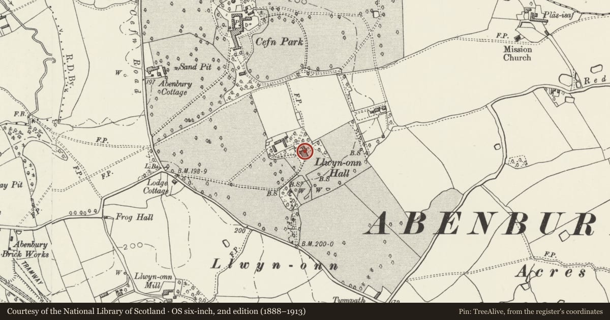 Ordnance Survey six-inch map, 2nd edition (1888–1913) covering the location of Llwyn Onn Hall Hotel, Abenbury, Wrexham, with a pin at the register's coordinates